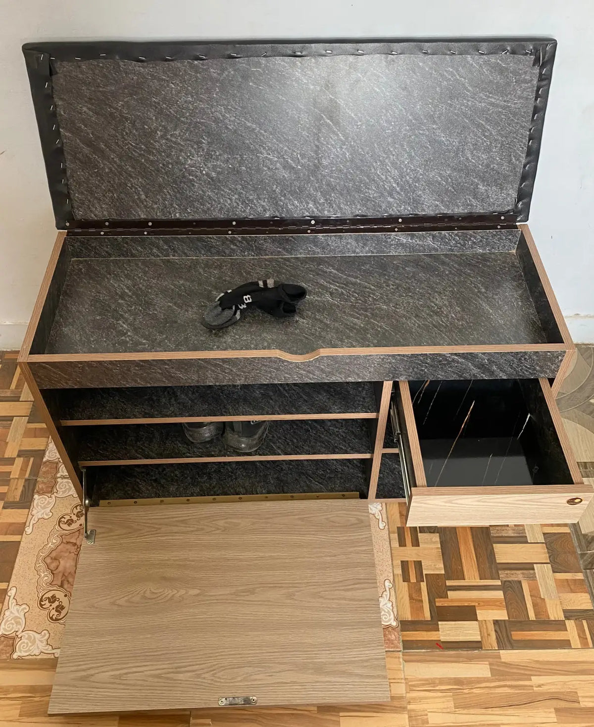 Shoe Rack Bench with seating cushion & storage drawer