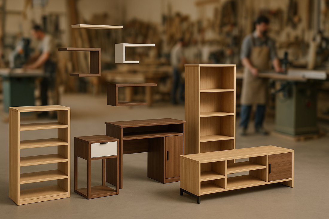 show furniture workshop in bacgraound with blurr effect and in front craete furniture products in lamination sheet add multiple products like shoe rack, side table, shelves, ,computer table etc 